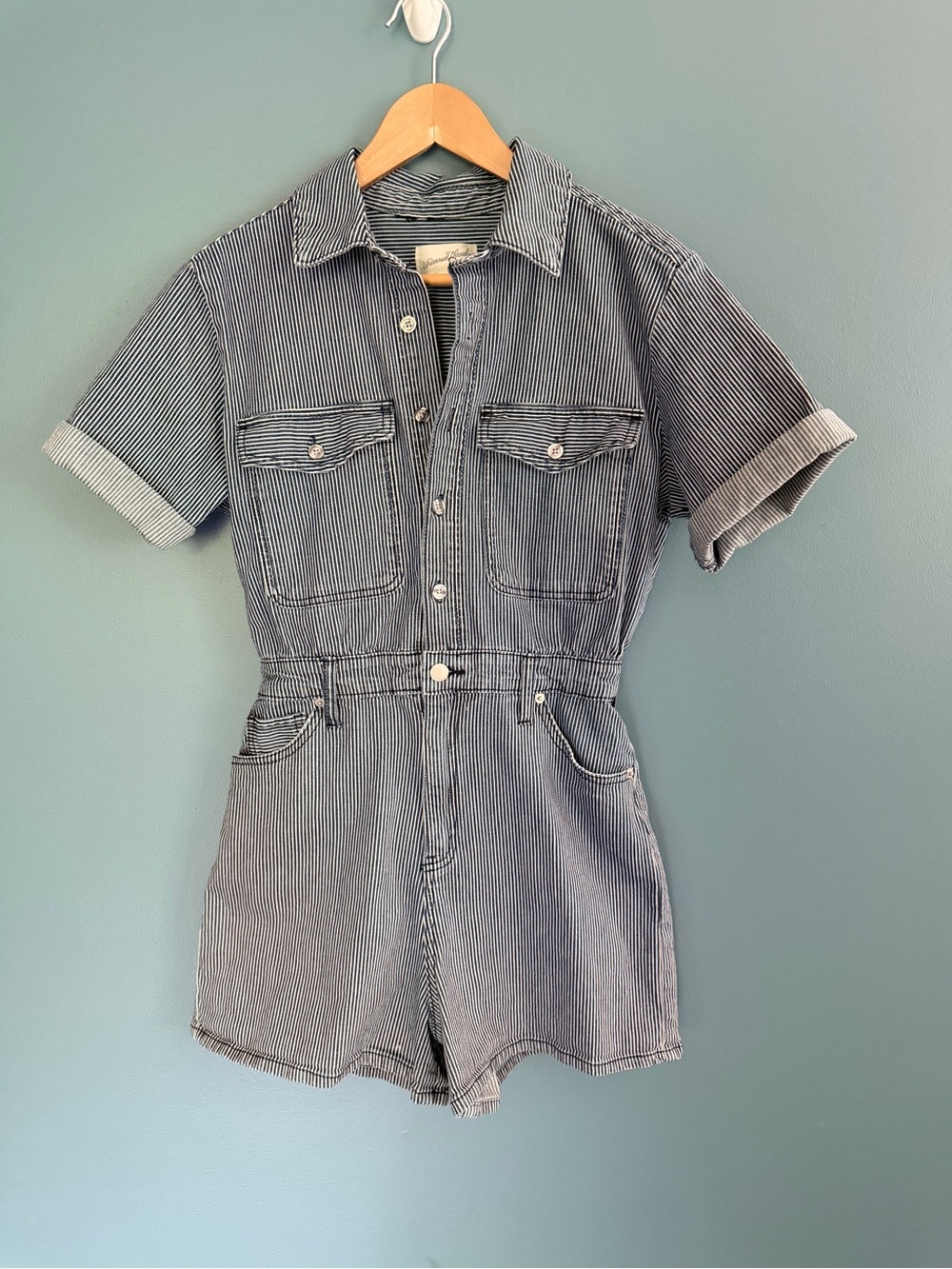 Denim romper Size 6 Universal Threads Short-Sleeve Striped white & blue cotton